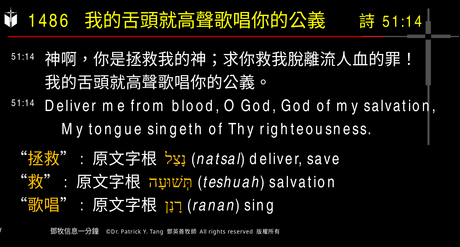 A presentation slide with Chinese and English text about faith and law, along with Greek word roots.