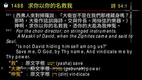 A presentation slide with Chinese and English text about faith and law, along with Greek word roots.