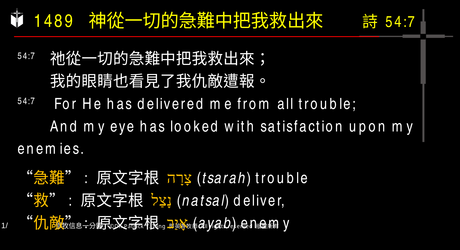 A presentation slide with Chinese and English text about faith and law, along with Greek word roots.
