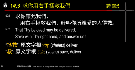 A presentation slide with Chinese and English text about faith and law, along with Greek word roots.