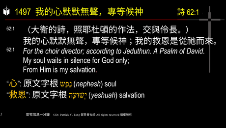 A presentation slide with Chinese and English text about faith and law, along with Greek word roots.