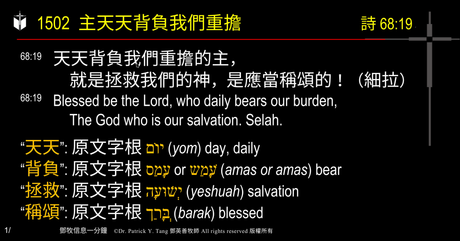 A presentation slide with Chinese and English text about faith and law, along with Greek word roots.