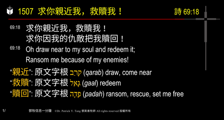 A presentation slide with Chinese and English text about faith and law, along with Greek word roots.