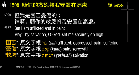 A presentation slide with Chinese and English text about faith and law, along with Greek word roots.