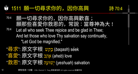 A presentation slide with Chinese and English text about faith and law, along with Greek word roots.
