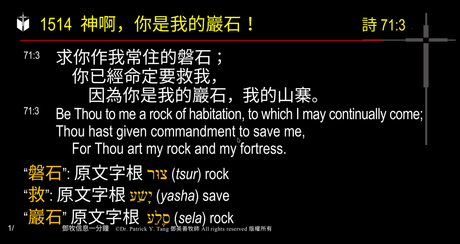 A presentation slide with Chinese and English text about faith and law, along with Greek word roots.
