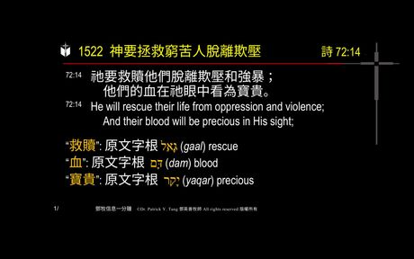 A presentation slide with Chinese and English text about faith and law, along with Greek word roots.