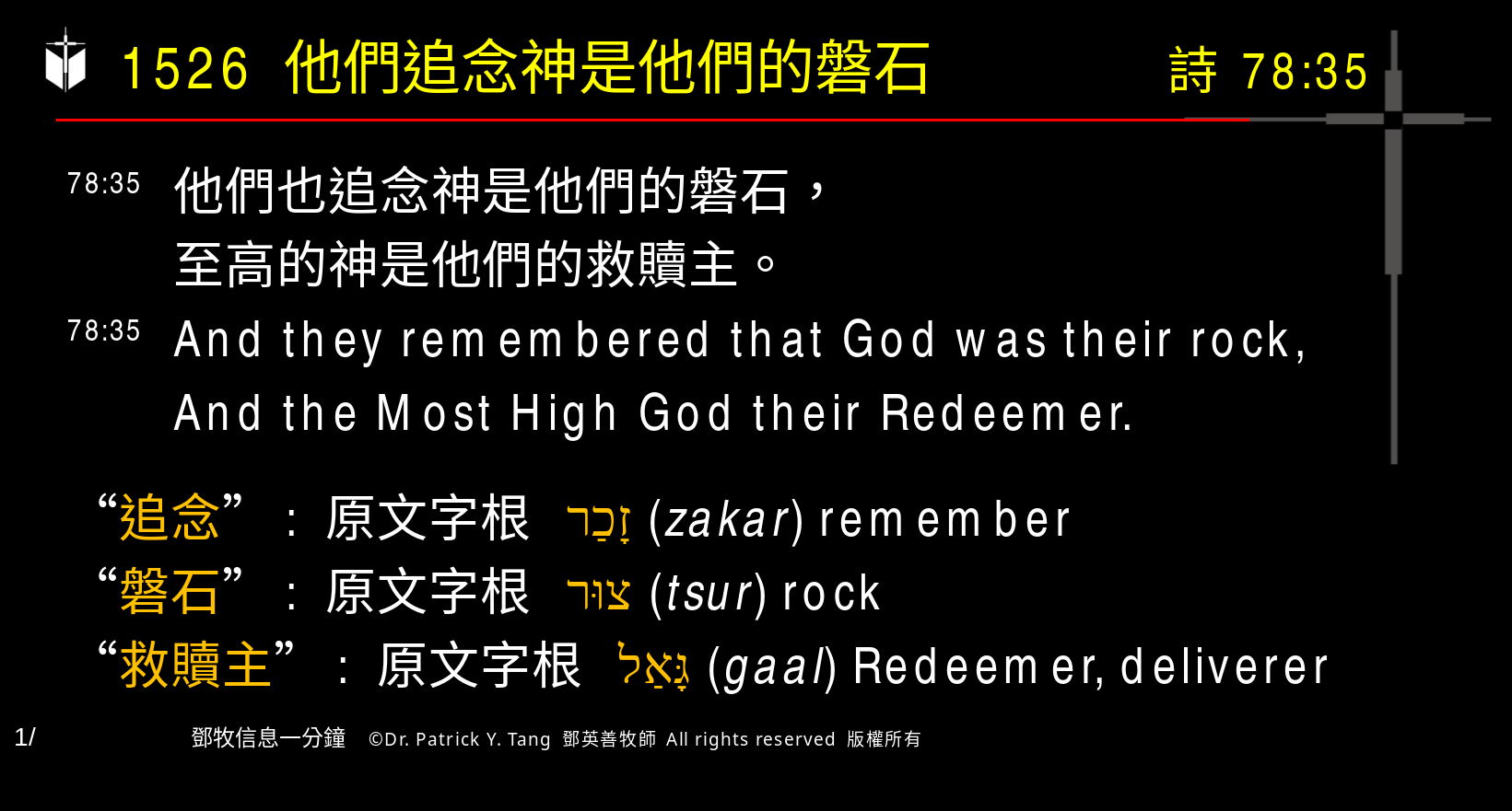 A presentation slide with Chinese and English text about faith and law, along with Greek word roots.
