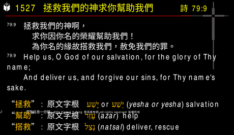A presentation slide with Chinese and English text about faith and law, along with Greek word roots.
