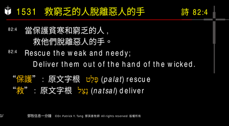 A presentation slide with Chinese and English text about faith and law, along with Greek word roots.