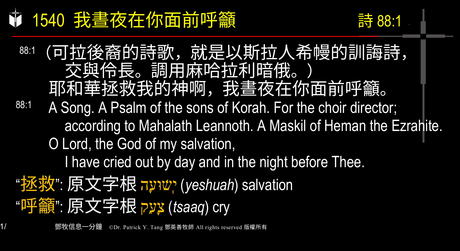 A presentation slide with Chinese and English text about faith and law, along with Greek word roots.
