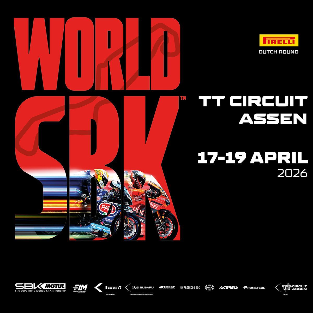 Poster voor het World SBK op TT Circuit Assen, 11-13 april 2025, met drie rijdende racemotoren, met vetgedrukte rode tekst.