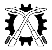 A black and white drawing of two welding rods crossed in front of a gear.