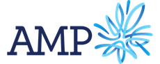 The AMP logo featuring the blue text "AMP" next to a blue, stylized, multi-petaled flower icon.