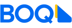 The blue text "BOQ" followed by a stylized yellow vertical bar and a blue triangular shape on a white background.