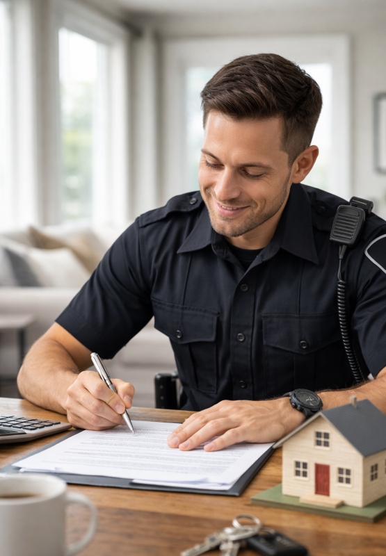 A police officer in uniform sits at a desk, smiling while filling out paperwork beside a miniature model of a house.