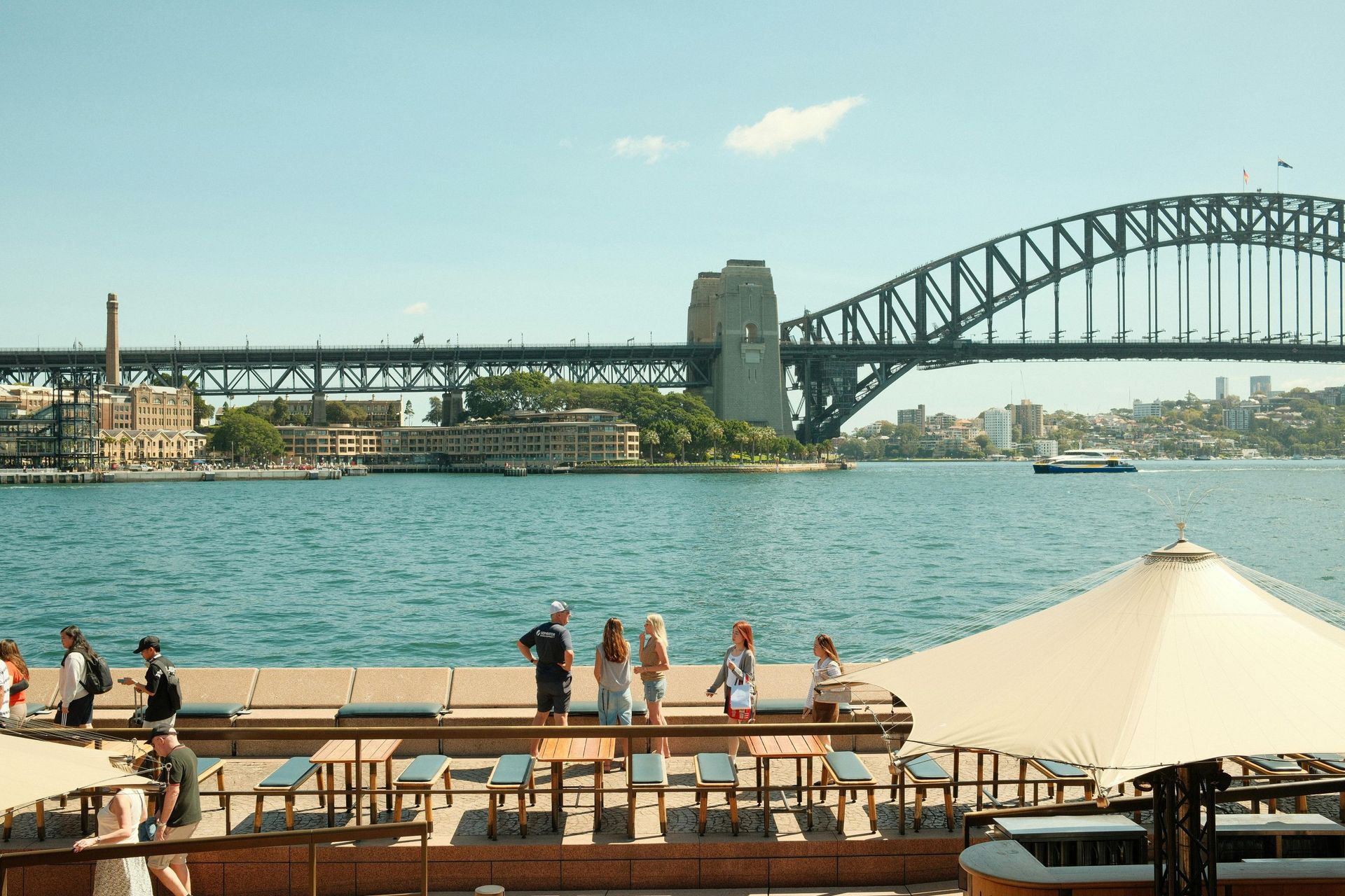 Harbor view with Sydney Harbour Bridge, blue water, and people on a waterfront promenade