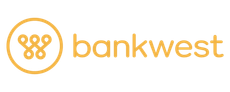 The gold Bankwest logo featuring a stylized circular icon with a geometric pattern followed by the brand name.