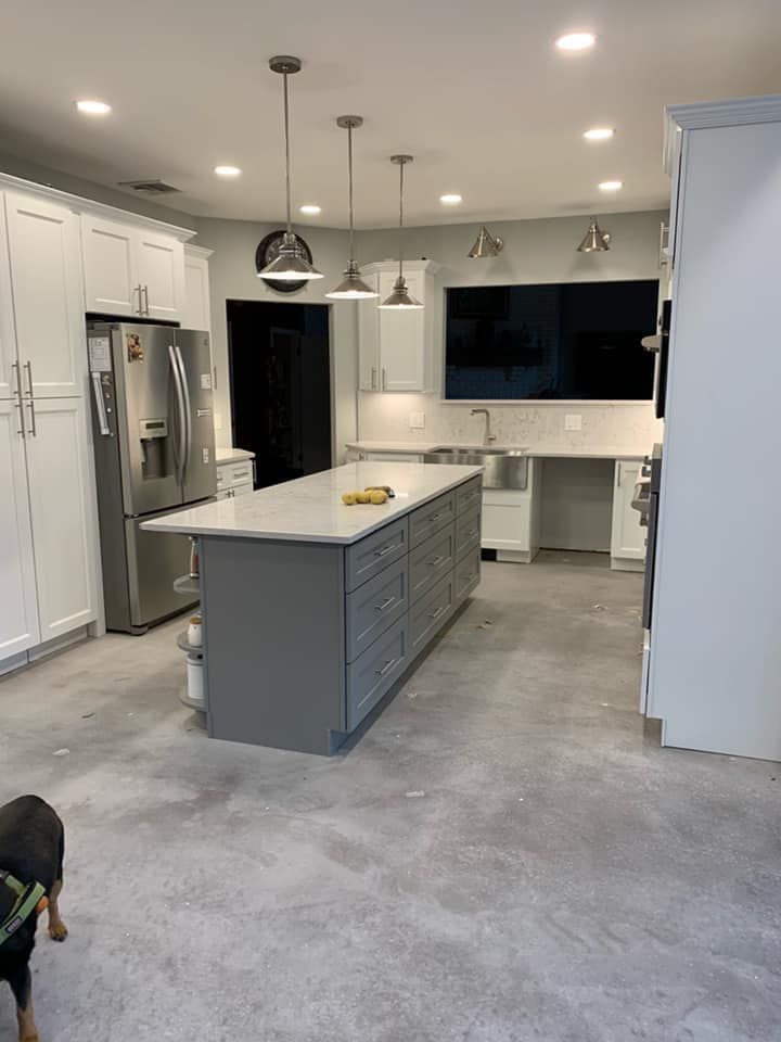 A dog is standing in a kitchen next to a large island.