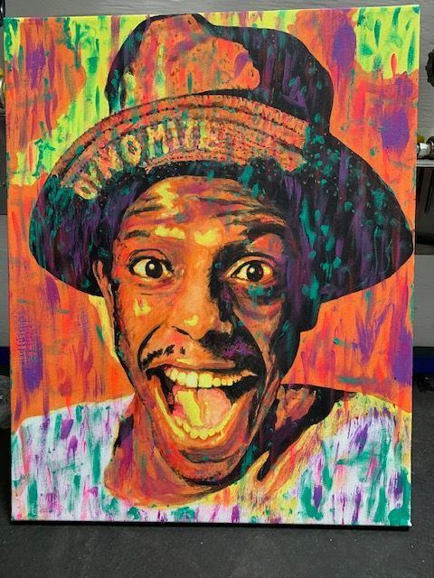 A painting of a man wearing a hat that says dynamite