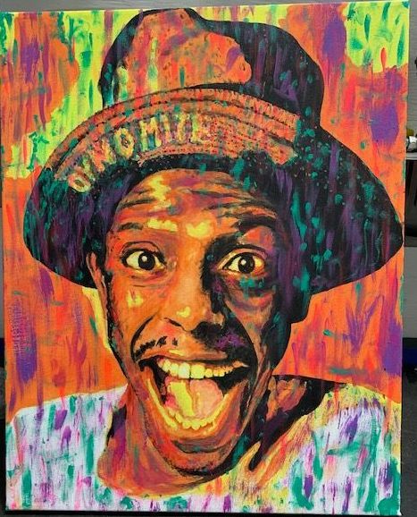 A painting of a man wearing a hat that says dynamite