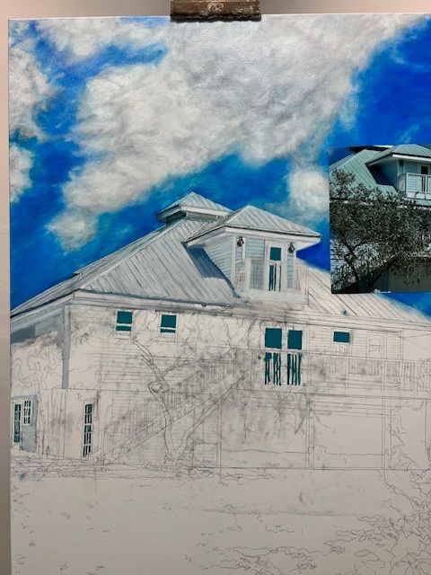 A painting of a house with a blue sky in the background