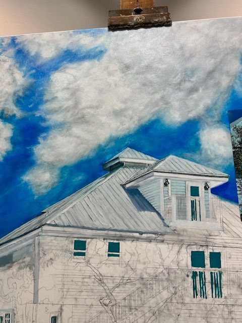 A painting of a house with a blue sky in the background