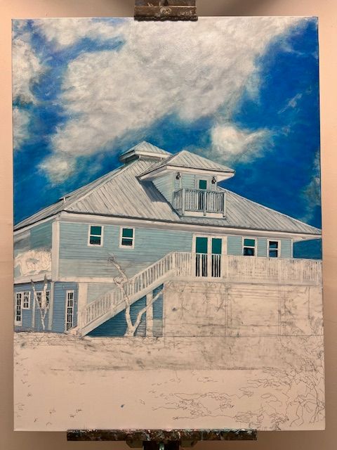 A painting of a house with a blue sky in the background