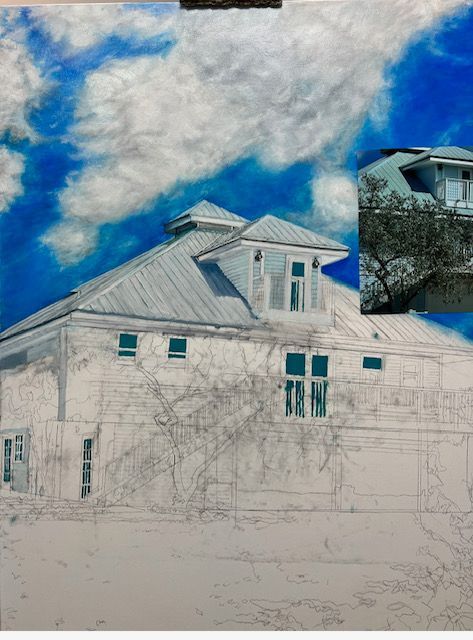 A painting of a house with a blue sky in the background
