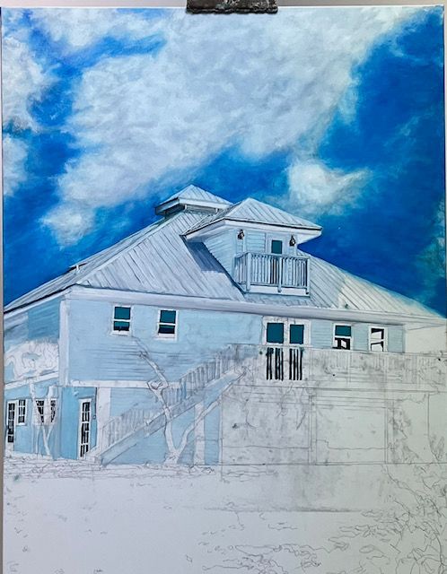 A painting of a house with a blue sky in the background