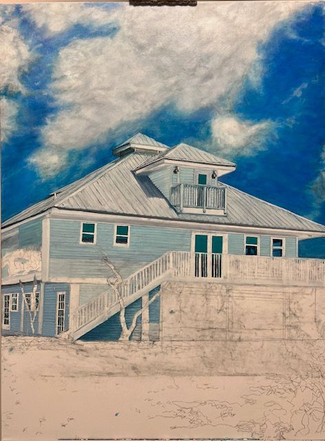 A drawing of a house with a blue sky in the background
