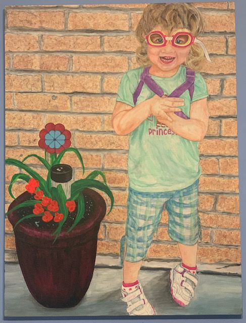 A painting of a little girl standing next to a potted plant