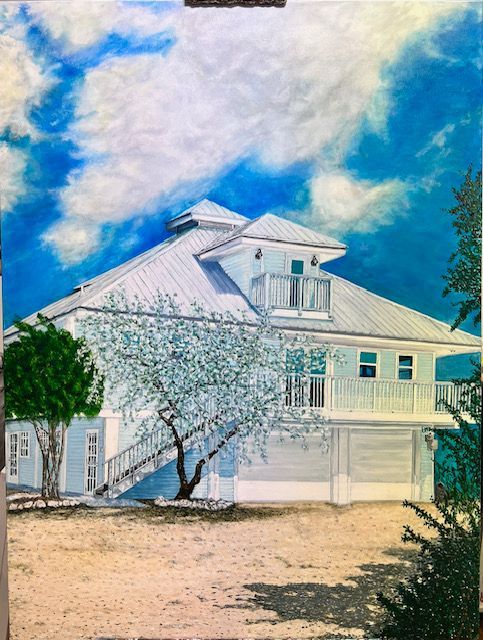 A painting of a house with trees in front of it