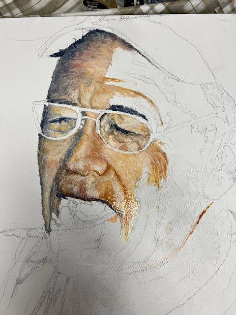 A close up of a painting of a man with glasses and a beard.