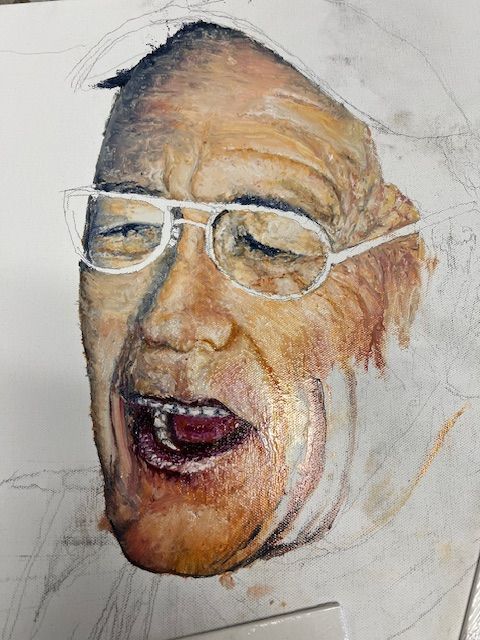 A close up of a painting of an old man wearing glasses.