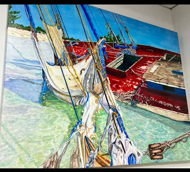 A painting of a sailboat in the water