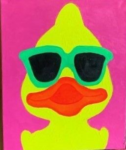 A painting of a yellow duck wearing sunglasses on a pink background.