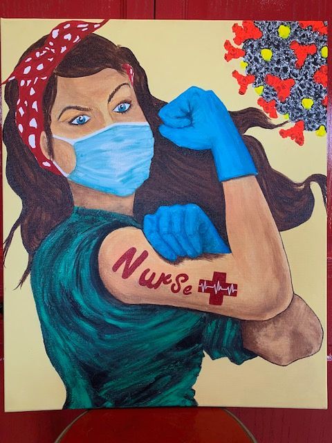 A painting of a nurse with the word nurse on her arm