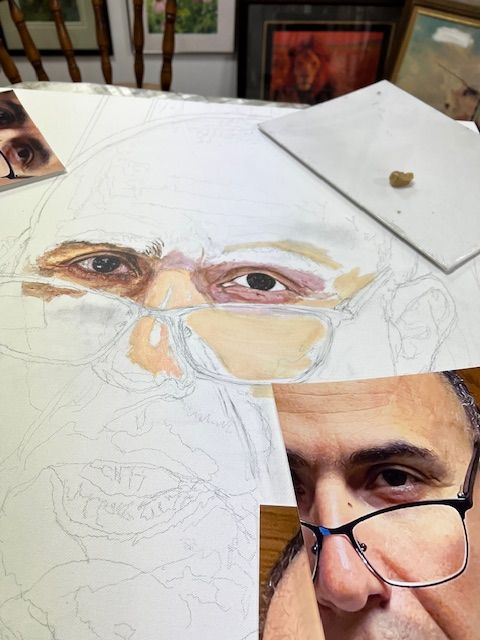 A drawing of a man wearing glasses and a mask