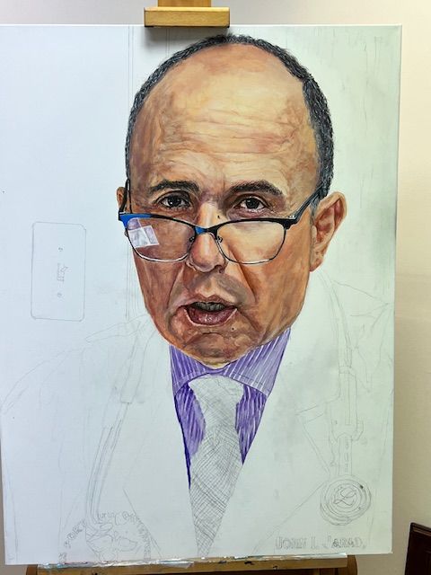 A painting of a man wearing glasses and a white coat