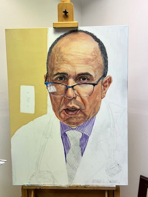 A painting of a man in a lab coat and tie