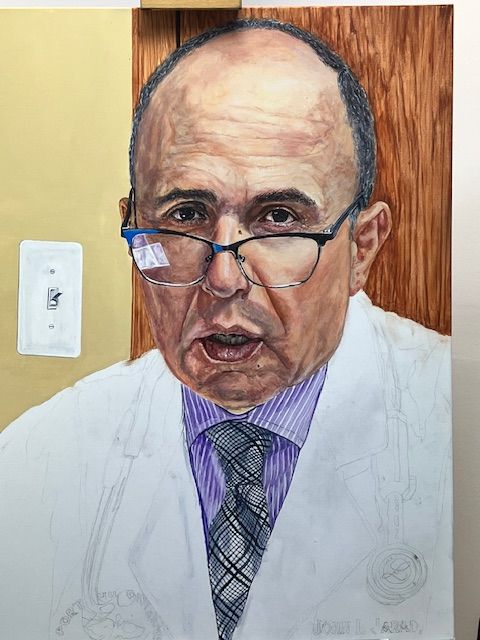 A painting of a doctor wearing glasses and a name tag