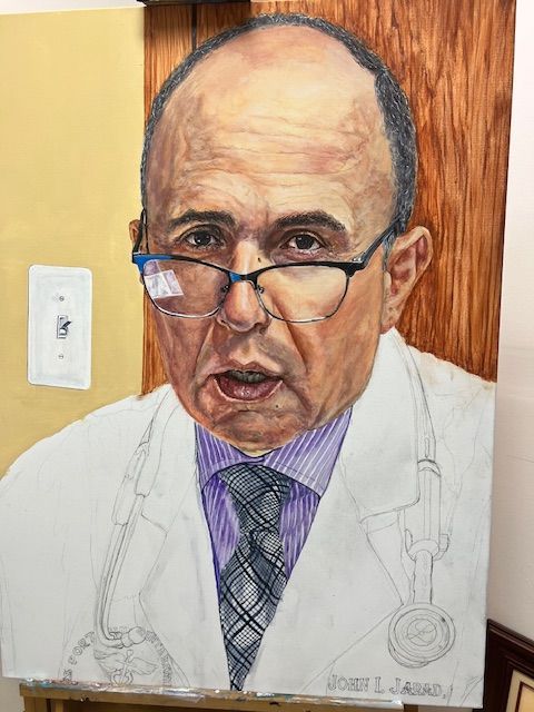 A painting of a doctor with glasses and a stethoscope