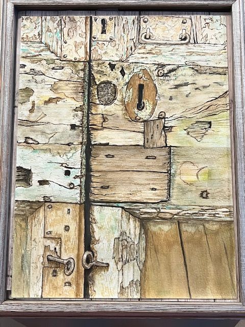 A painting of a wooden door with a keyhole in it