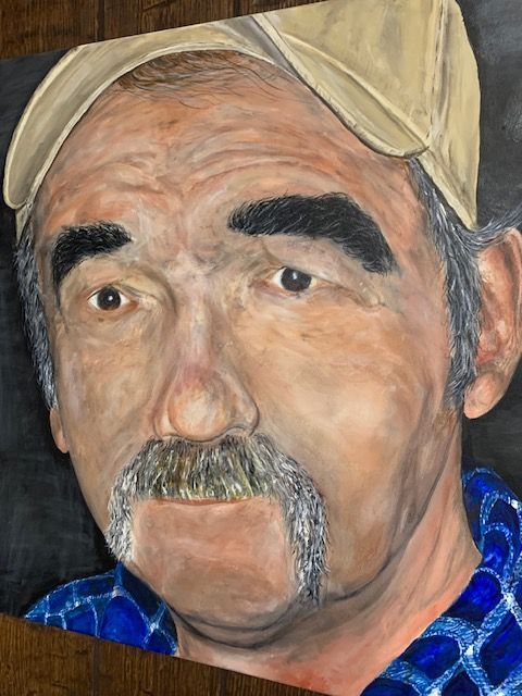 A painting of a man with a hat and mustache