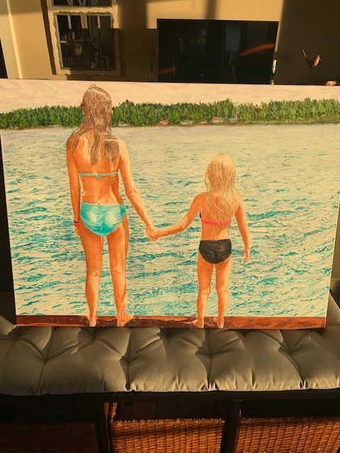A painting of a mother and daughter holding hands in the water