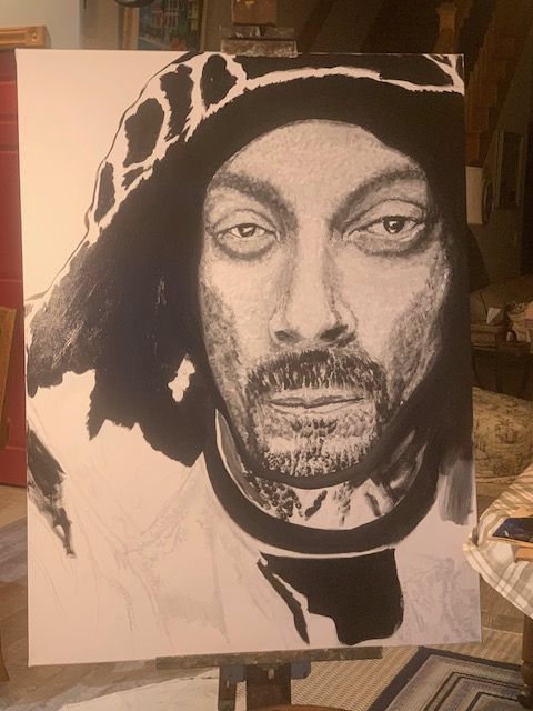 A black and white painting of snoop dogg wearing a hat
