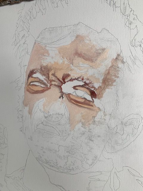 A close up of a painting of a man with a beard.