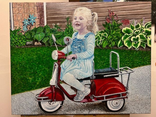 A painting of a little girl riding a red scooter