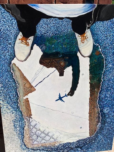 A painting of a person standing in a puddle of water